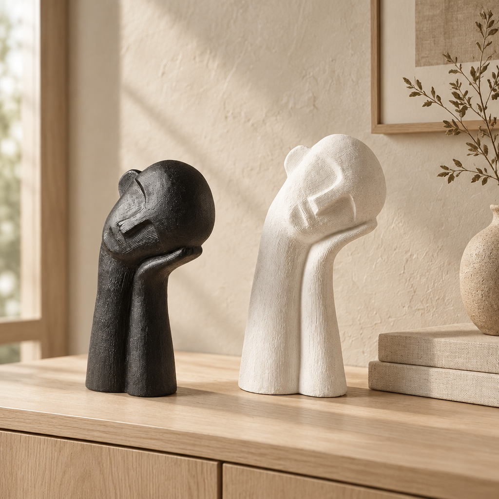 Skulptur Kontemplation i svart och elfenben på sideboard