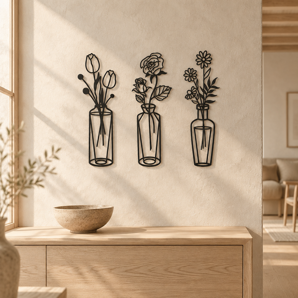 Väggdekor Blommor i Vas i svart metall ovanför konsol