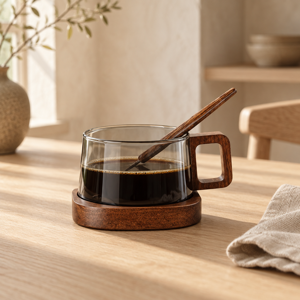 Kaffekopp i glas med trähandtag på ekbord