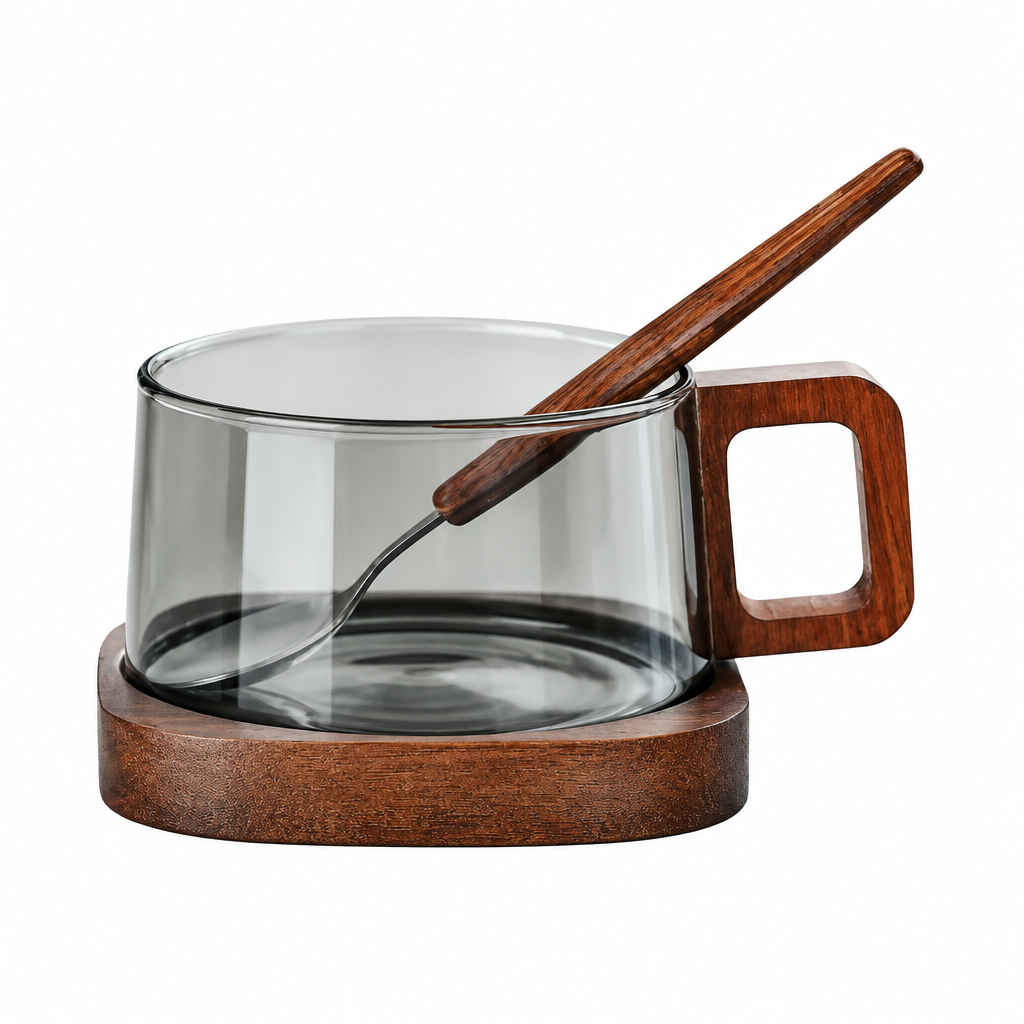 Kaffekopp i rökgrått glas med träfat och sked