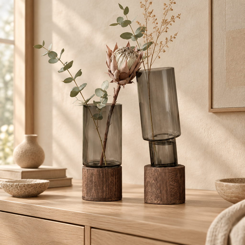 Vaser i rökgrått glas på träfot på sideboard