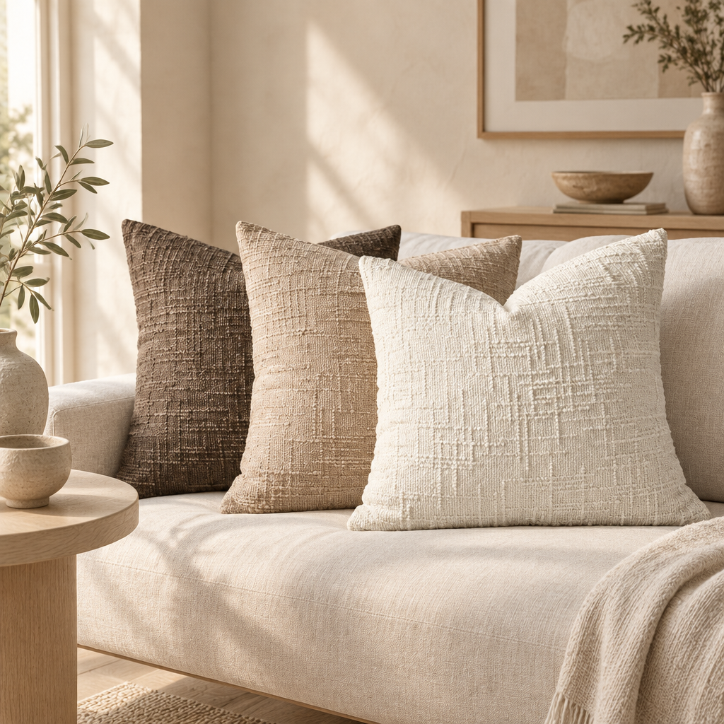 Kuddfodral i chenille i krämvitt, beige och kaffebrunt på soffa