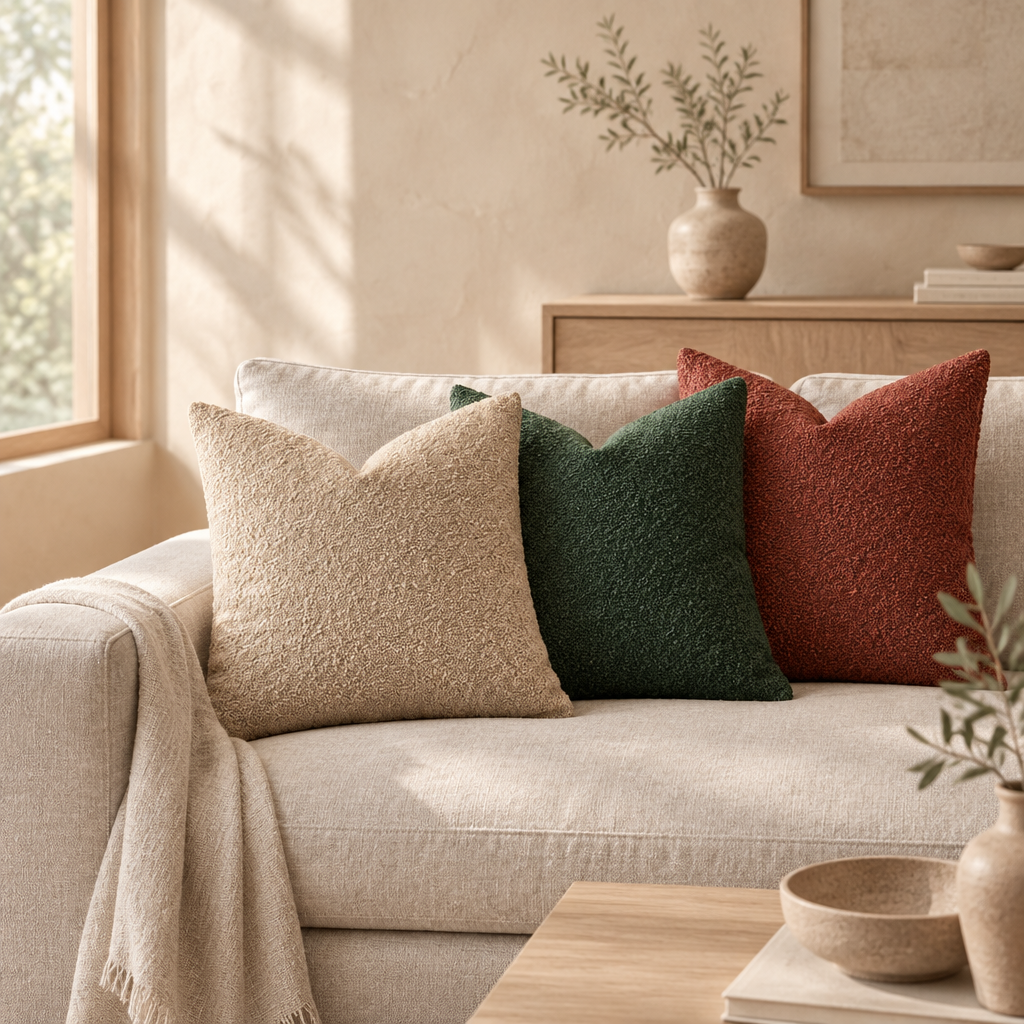 Kuddfodral i bouclé-struktur i beige, skogsgrönt och tegelrött på linnesoffa