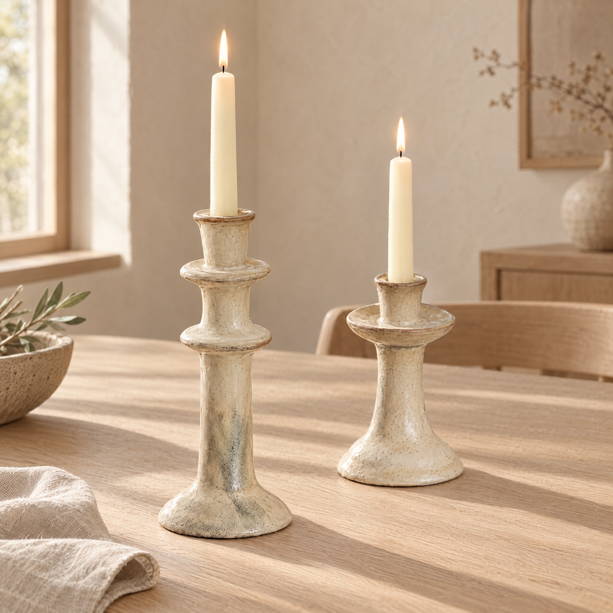 Ljusstakar i keramik med flambéglasyr på matbord