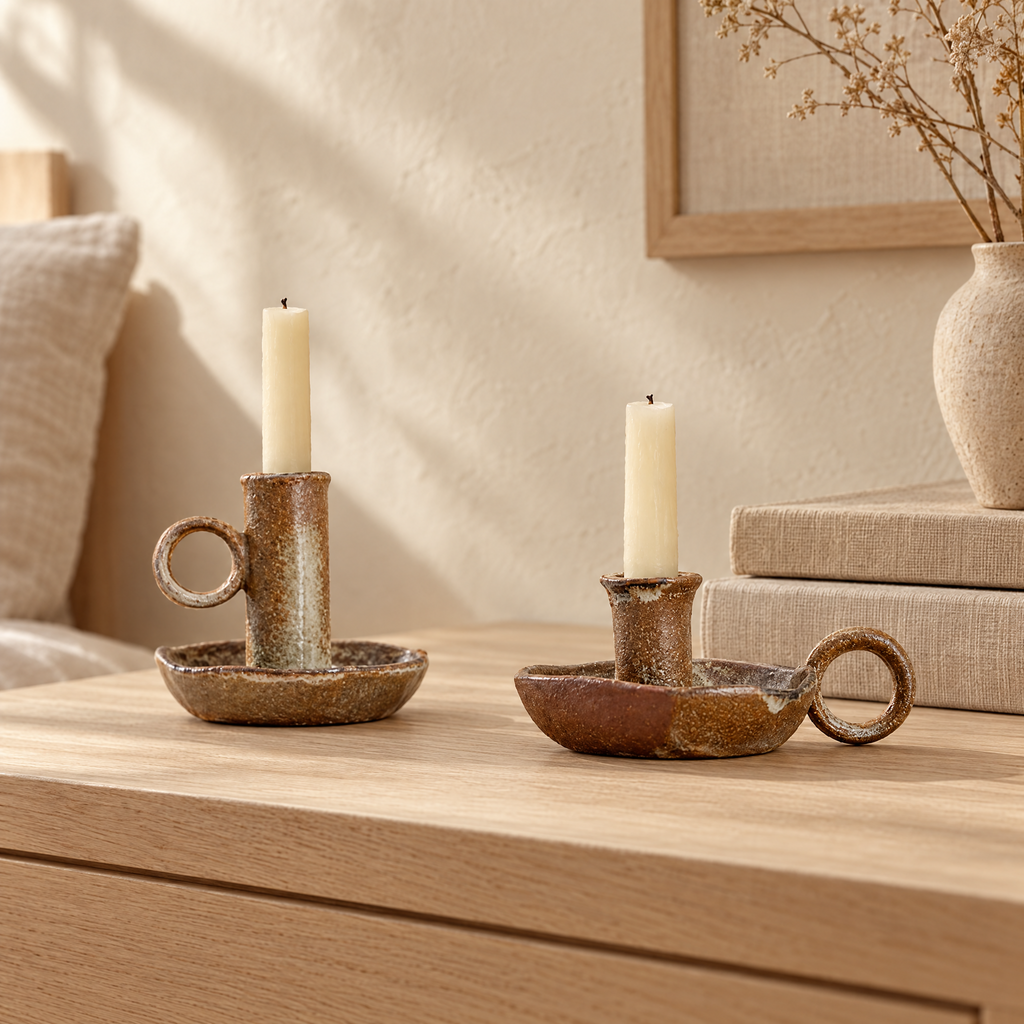 Kammarljusstakar i keramik på sideboard