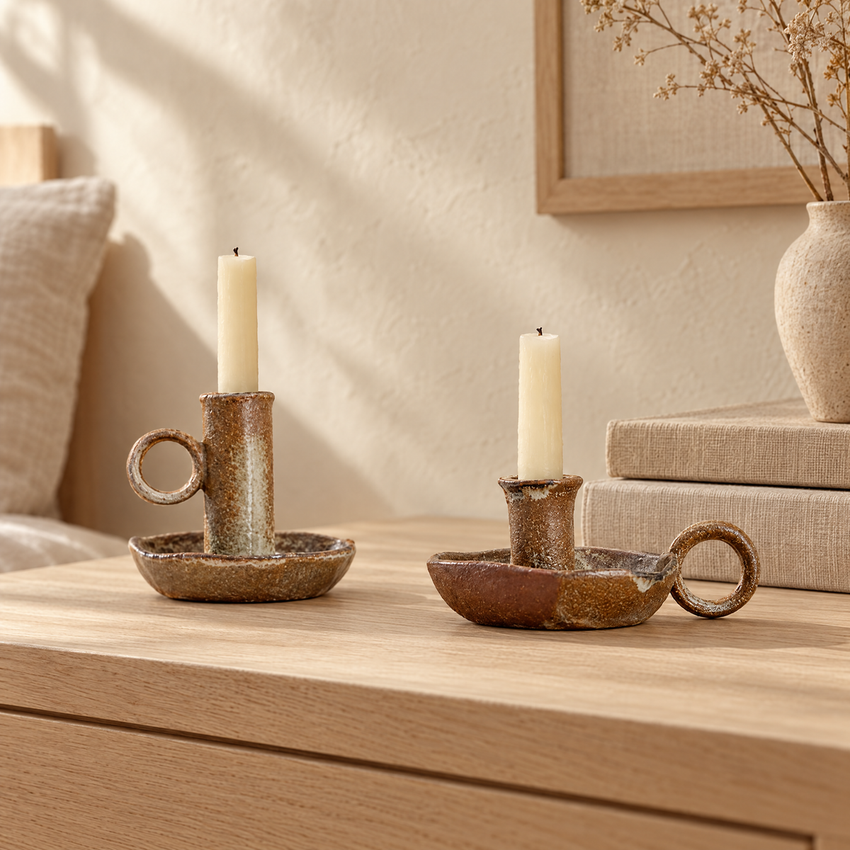 Kammarljusstakar i keramik på sideboard