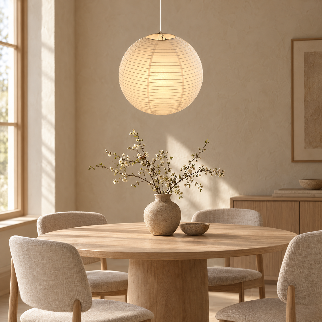 Rund rispapperslampa över matbord i japandi-miljö