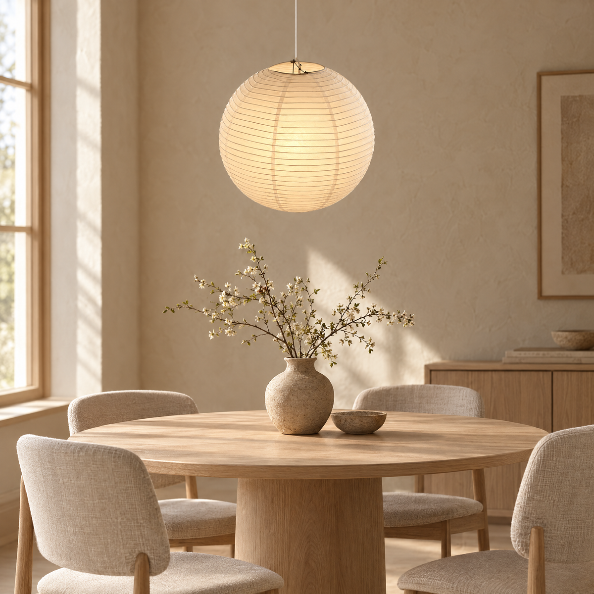 Rund rispapperslampa över matbord i japandi-miljö