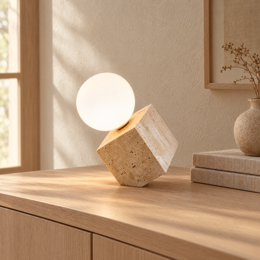Bordslampa i travertin med glaskula på sideboard
