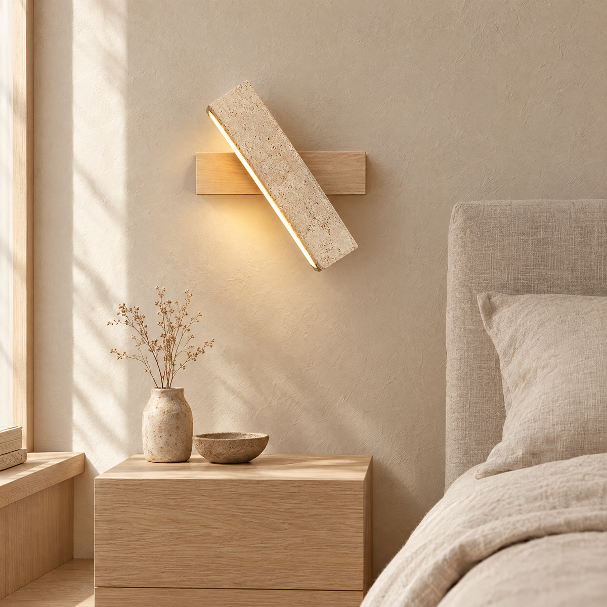 Vägglampa i travertin på träfäste vid säng