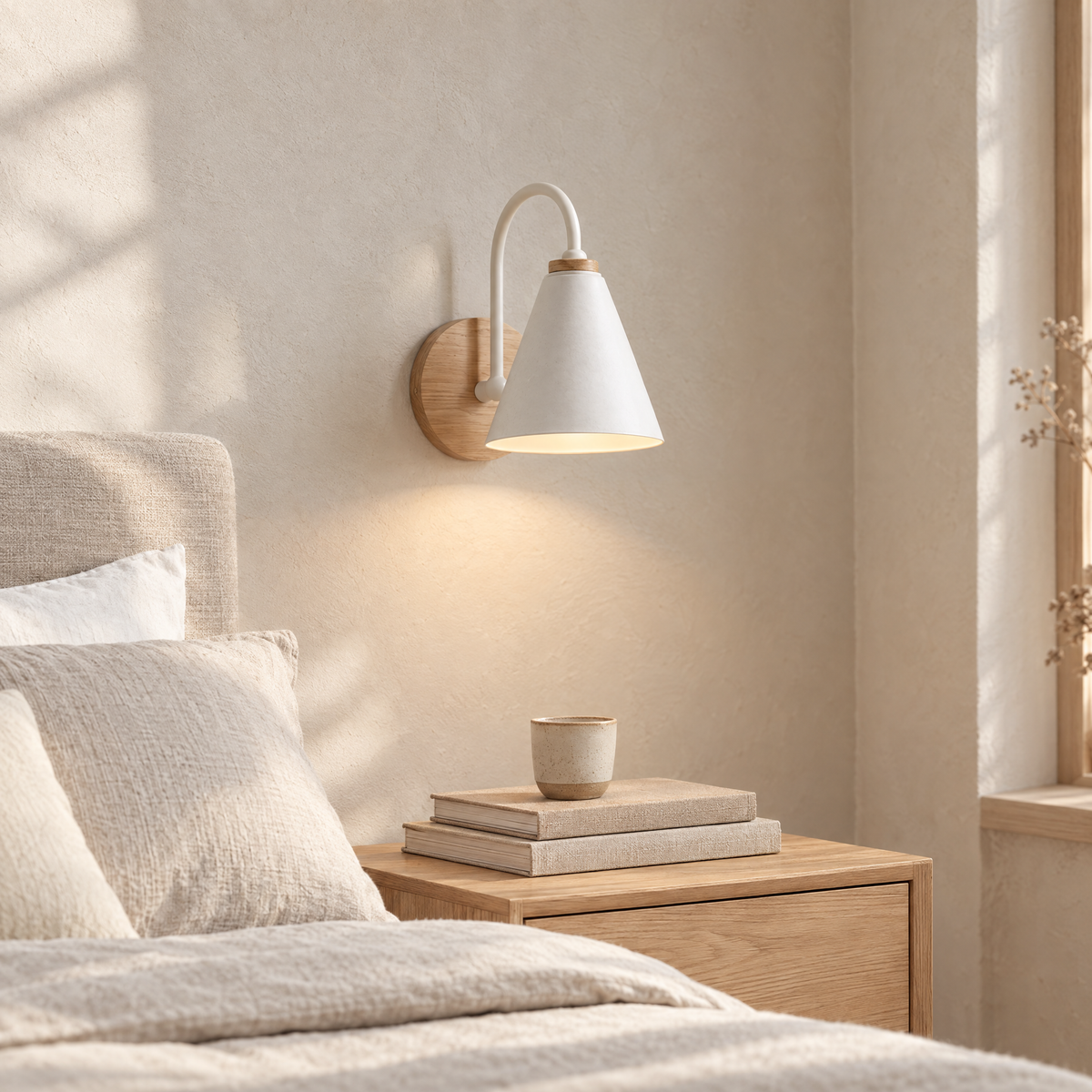 Vägglampa med trä-arm och vit skärm vid säng
