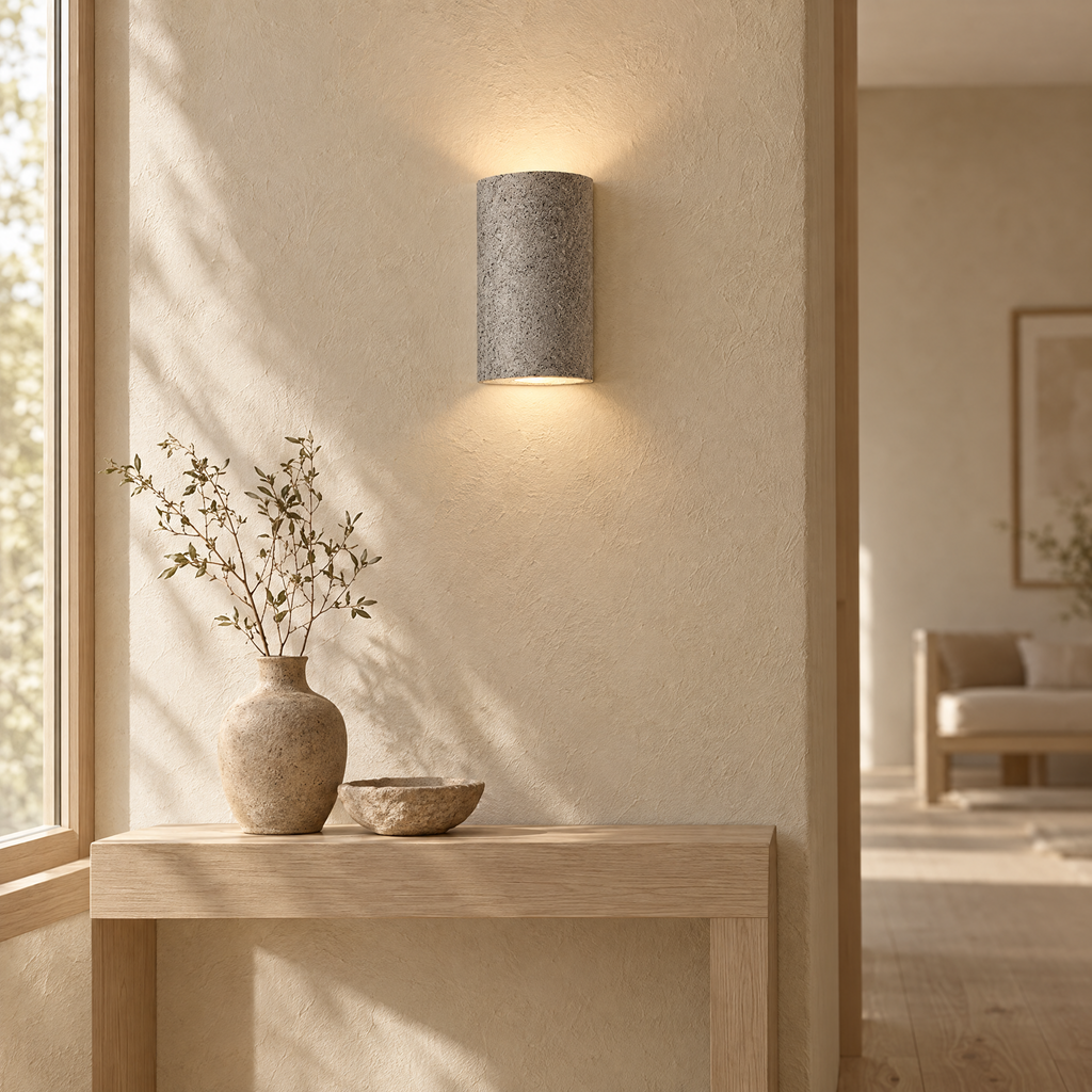 Vägglampa i ljusgrå cement i japandi-hall