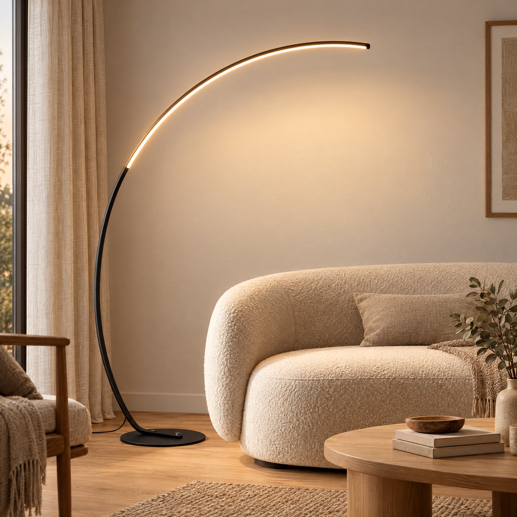 Svart båglampa med LED över soffa i japandi-vardagsrum