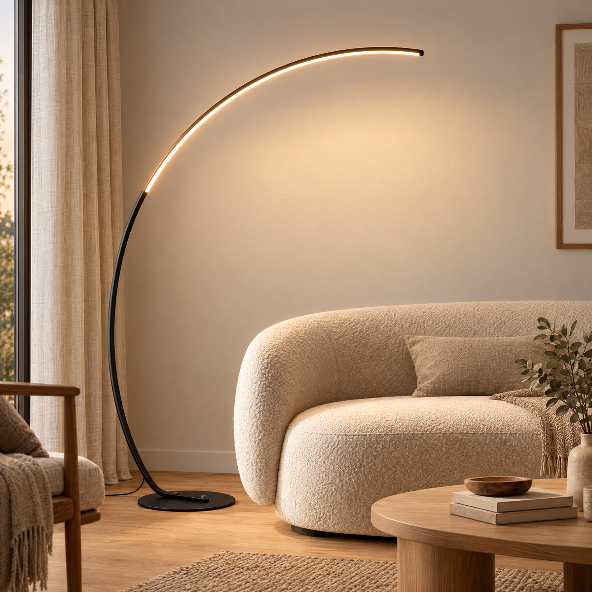 Svart båglampa med LED över soffa i japandi-vardagsrum