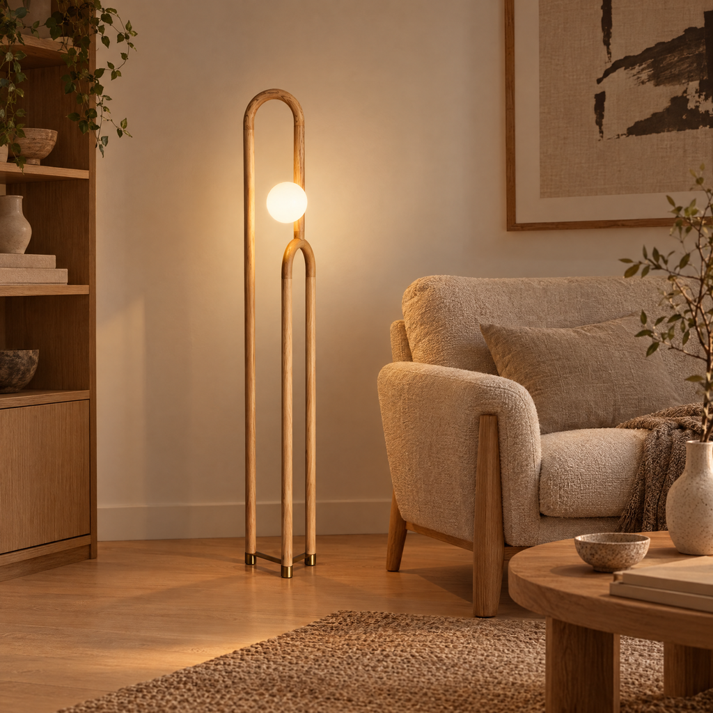 Golvlampa i ljust trä med glaskula bredvid fåtölj