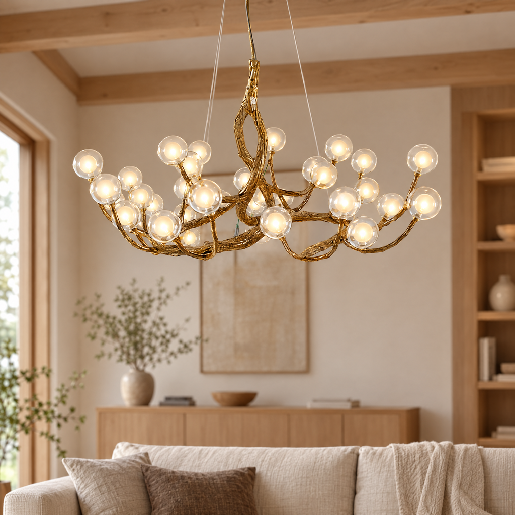 Stor taklampa formad som trädgren med glaskulor i vardagsrum