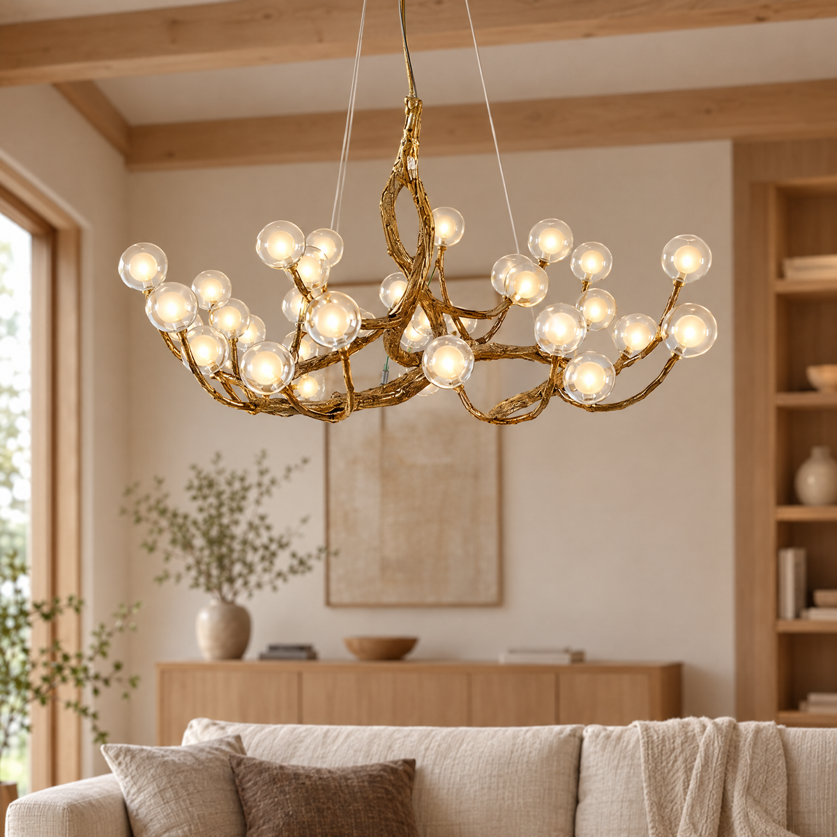 Stor taklampa formad som trädgren med glaskulor i vardagsrum