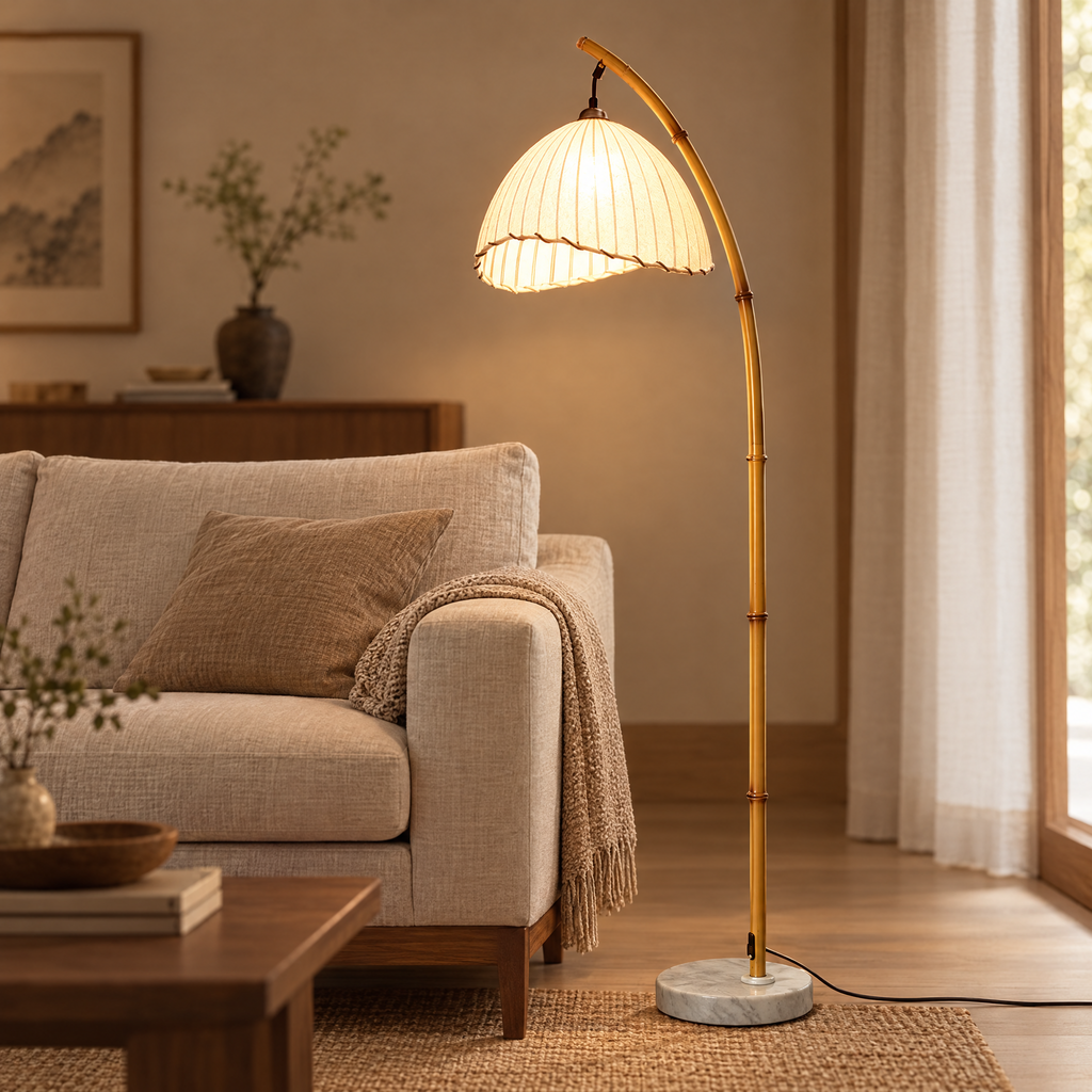 Golvlampa med bambustam och plisserad skärm över soffa