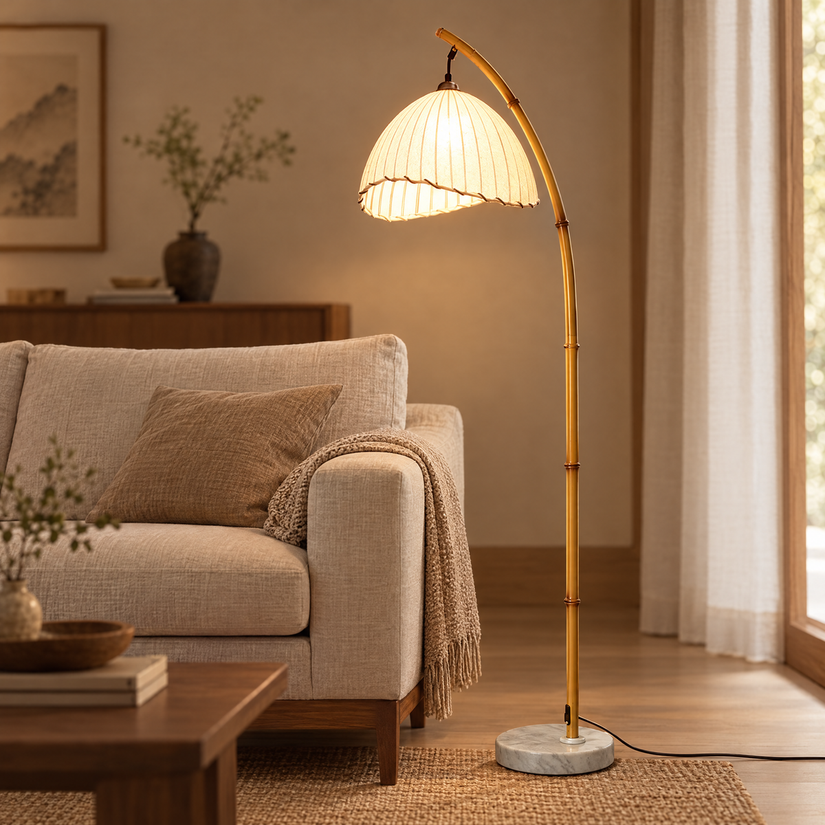 Golvlampa med bambustam och plisserad skärm över soffa