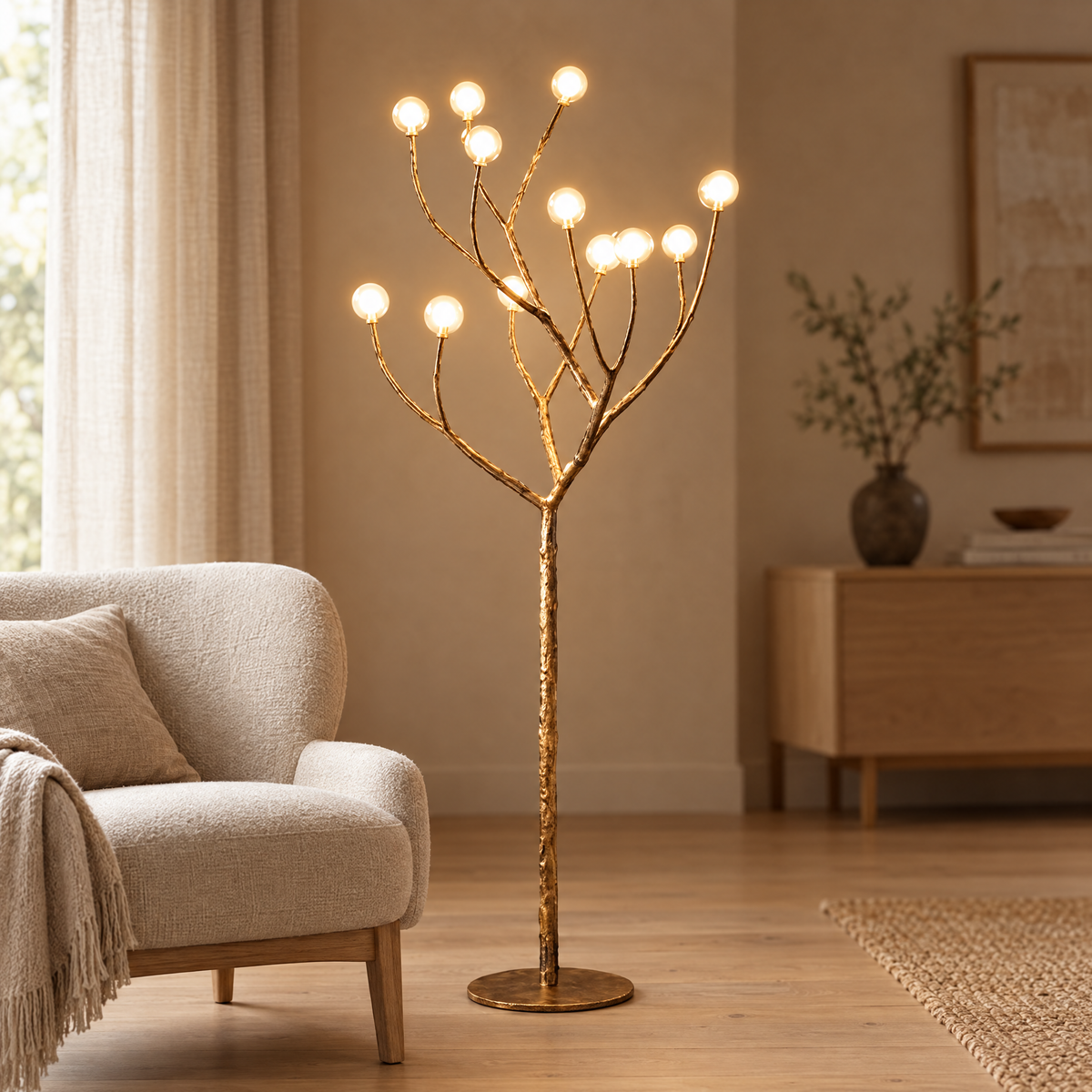 Golvlampa formad som träd med glaskulor bredvid fåtölj