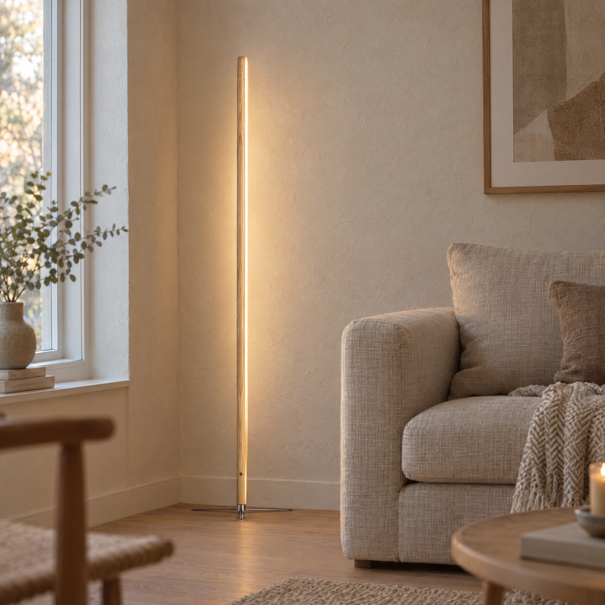 Golvlampa i trä med LED-list i vardagsrum
