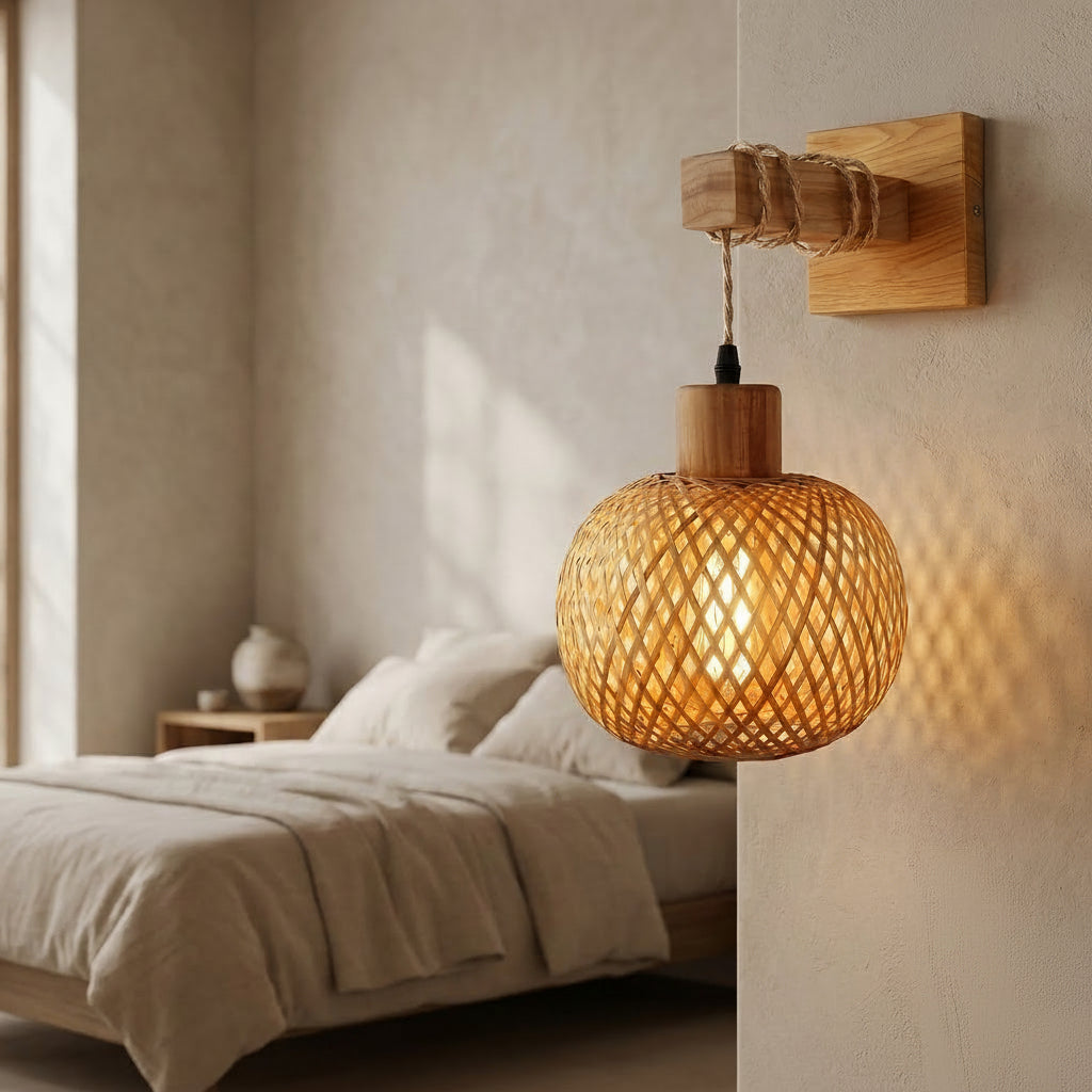 Flätad Vägglampa i Trä och Organisk Design
