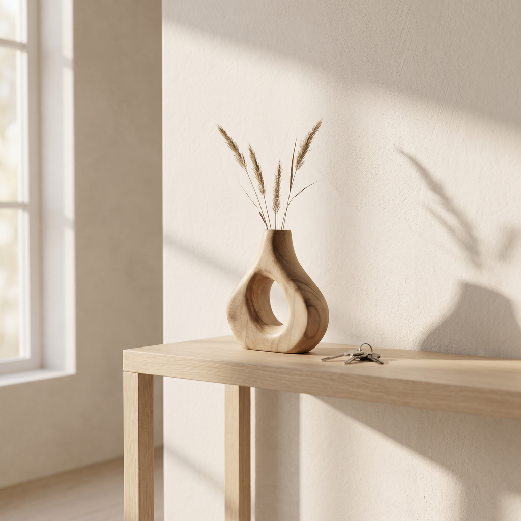 Skulptural trävas med organisk form på konsolbord i hall – Homevibe