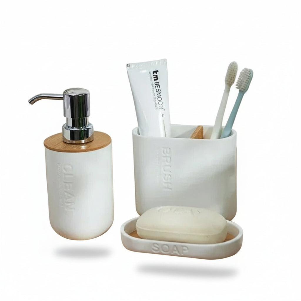 Badrumsset i Modern Design – 3-delars set med Tvålpump & Hållare